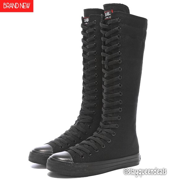 Women's Knee High Canvas Boots with Lace Up and Side Zipper Durable Rubber Sole